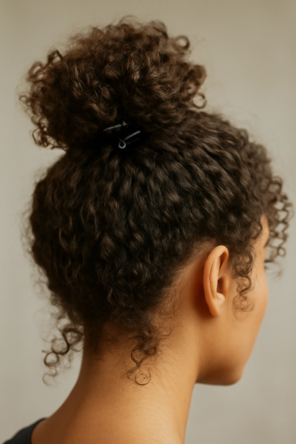 15 Natural Wavy Hairstyles You Can Air Dry Easily 8 High top knot on curly hair secured with a clip