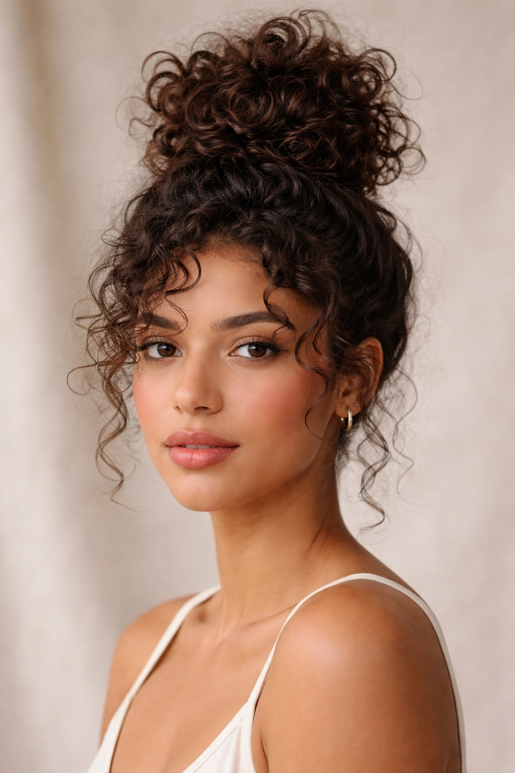 Close-up image of a curly topknot showing textured crown and framing curls