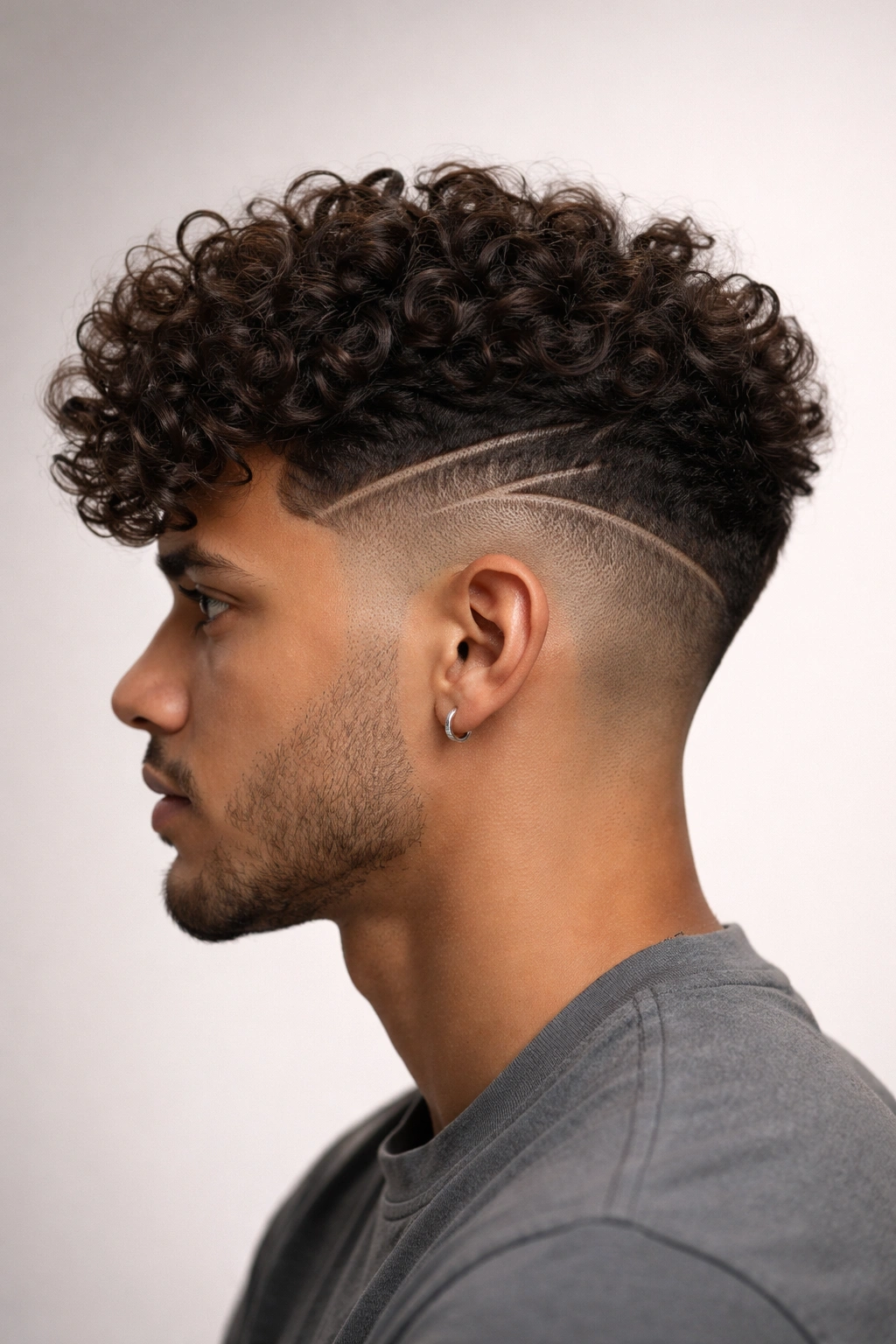 Side profile of a person with curly top and a design fade on the sides