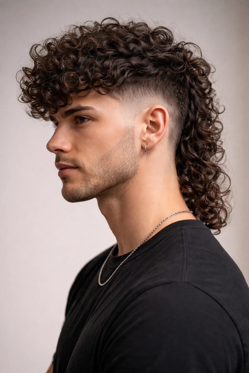 Curly Undercut Mullet with shaved sides and longer curly top
