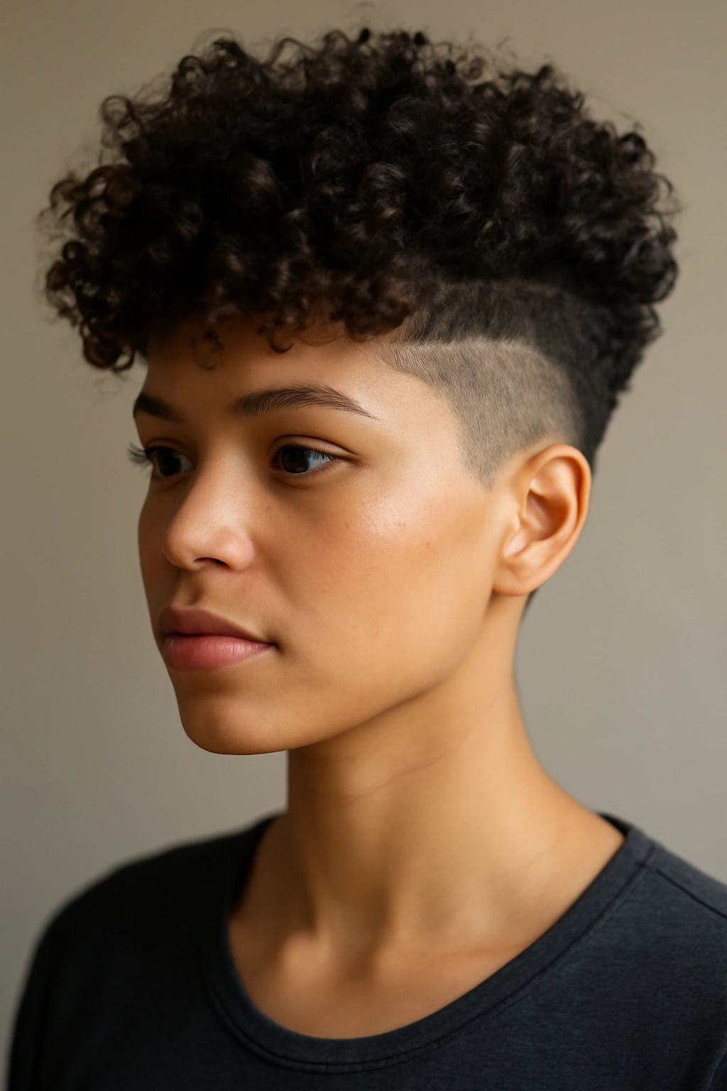 10 Undercut Styles From Subtle To Bold For Women 7 Close-up of a person with curly top and undercut showing texture contrast