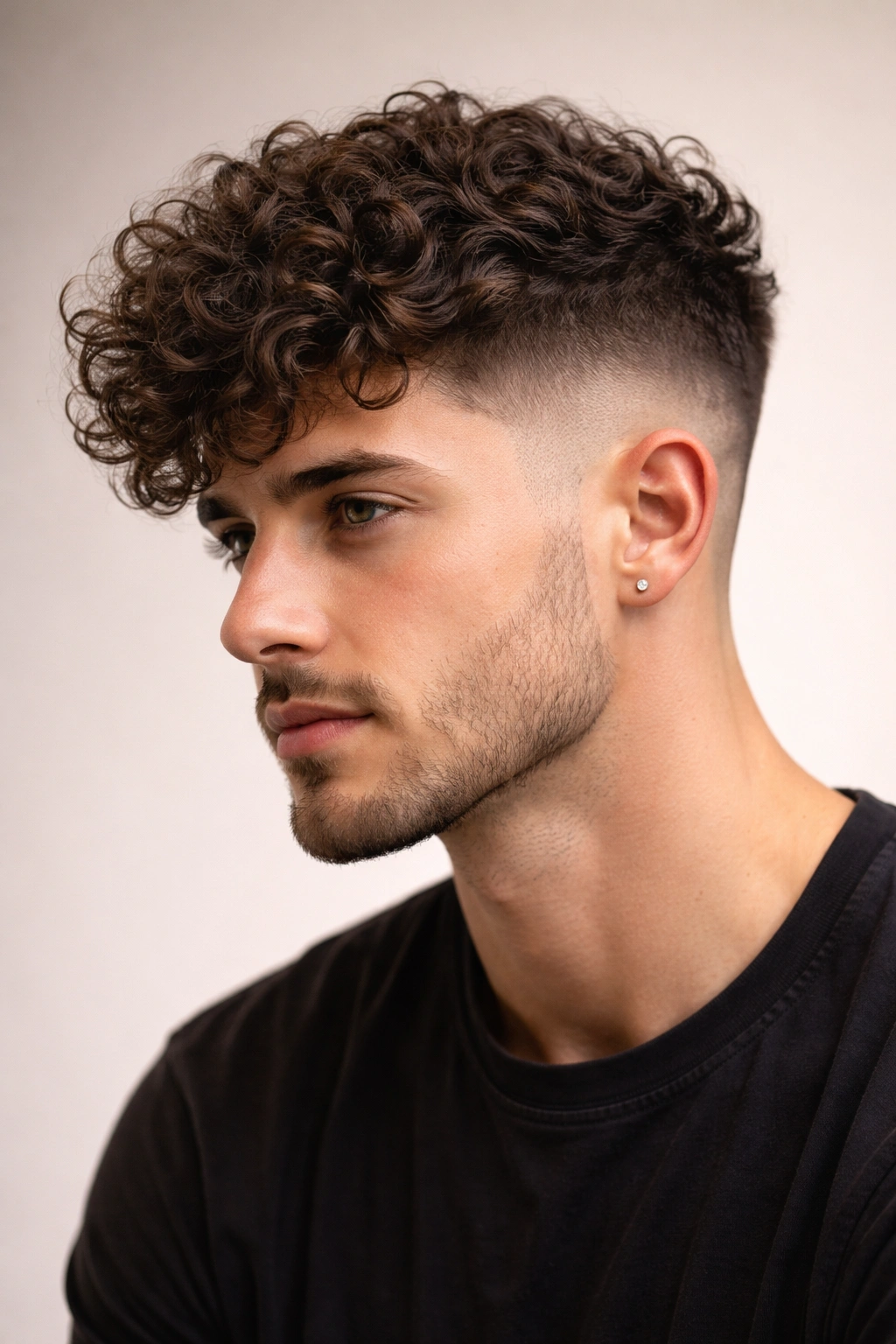 Close-up of curly undercut with long top curls over short sides.