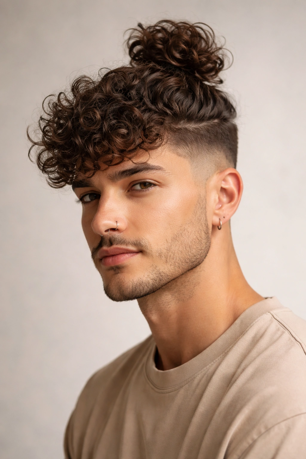 Close-up of curly undercut with top knot showing natural curls