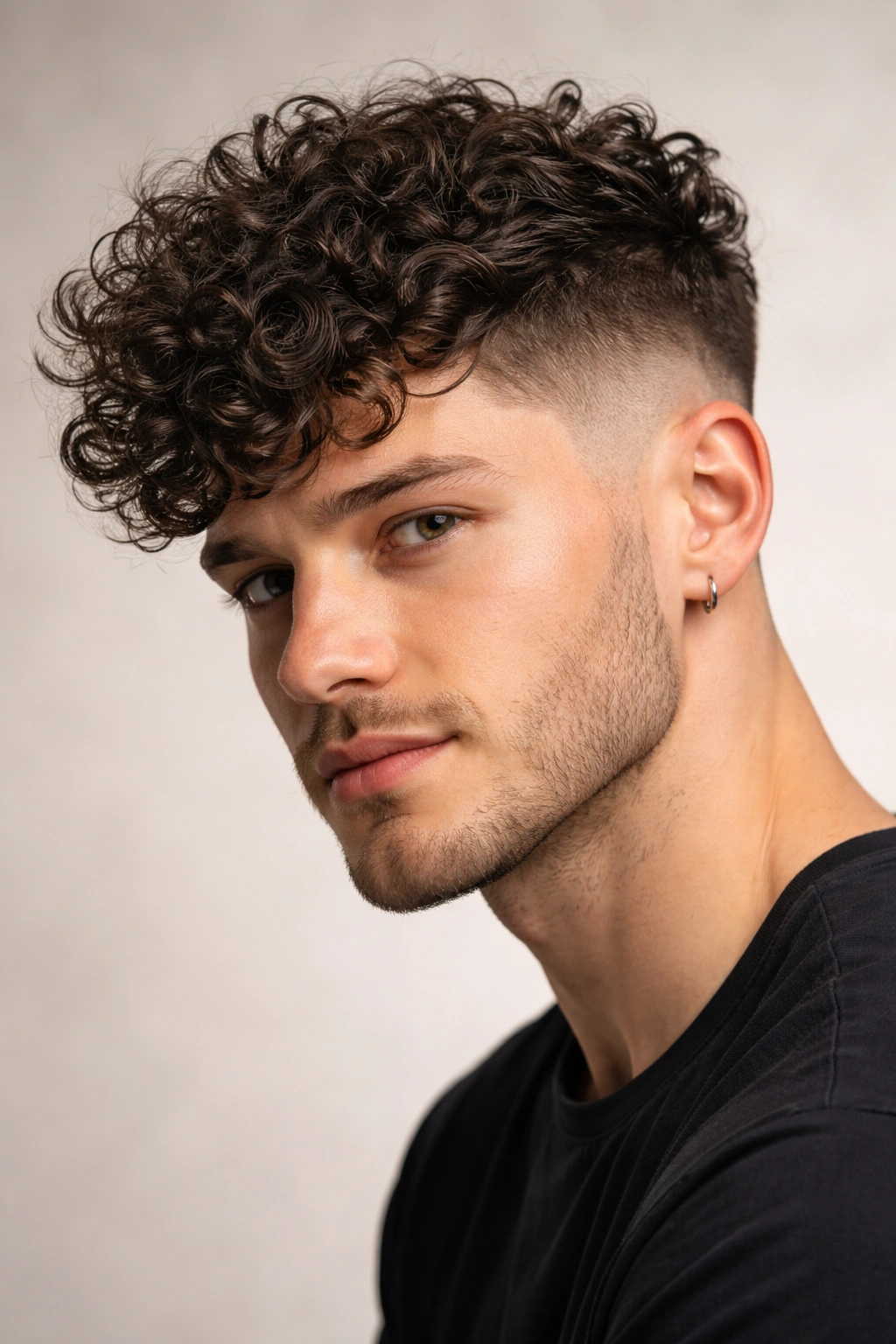 Portrait of a model with curly curls on top and tapered sides, curly undercut.