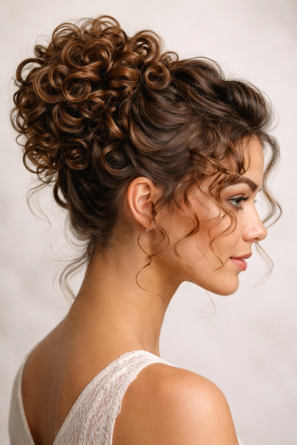 Curly updo with pin curls forming a bun
