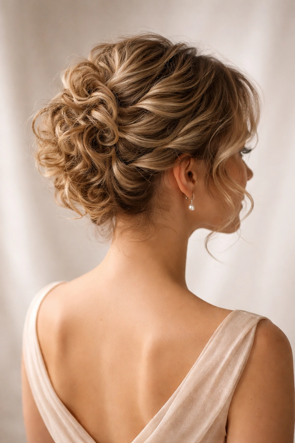 Back view of short-layered curls arranged into a textured bridal updo