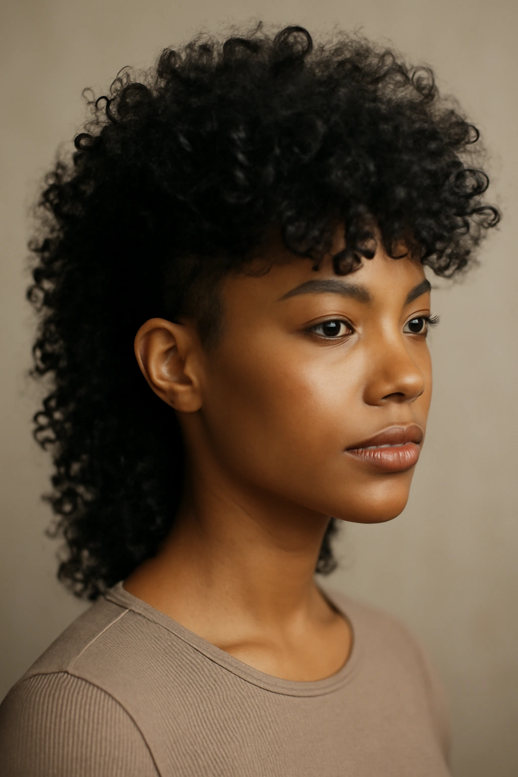 10 Short Mullet Styles Black Women Are Loving 4 Portrait of a Black woman with curly voluminous back mullet and controlled front.