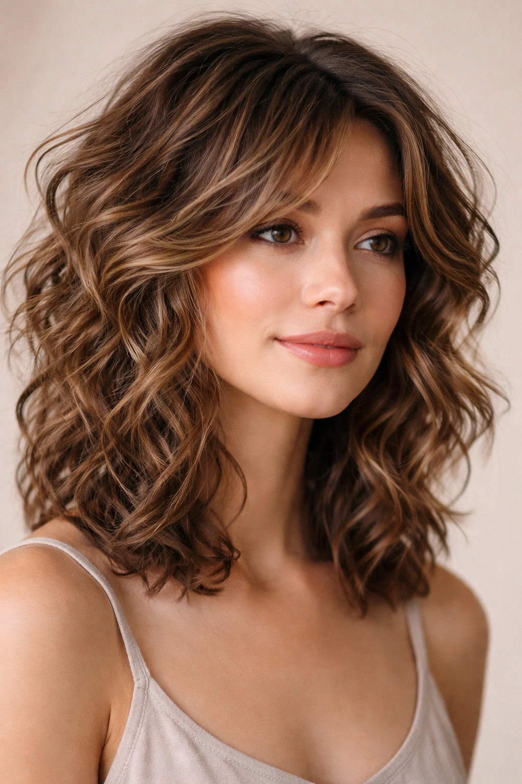 Medium curly/wavy cut with chunky shorter layers showing defined curls