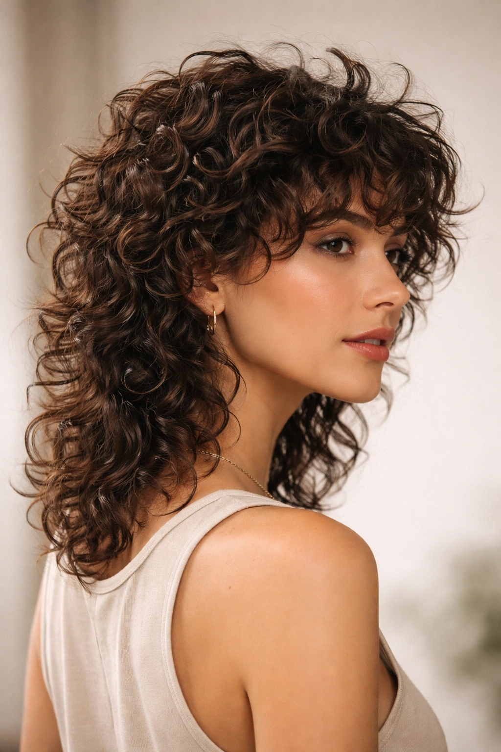 Close-up of a person with a curly wolf cut showing short top layers and longer back, highlighting texture