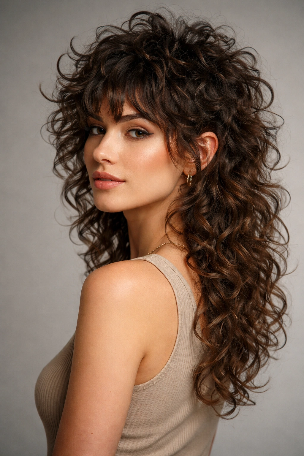 Close-up of The Curly Wolf Cut hairstyle with a short, textured top and longer curls underneath
