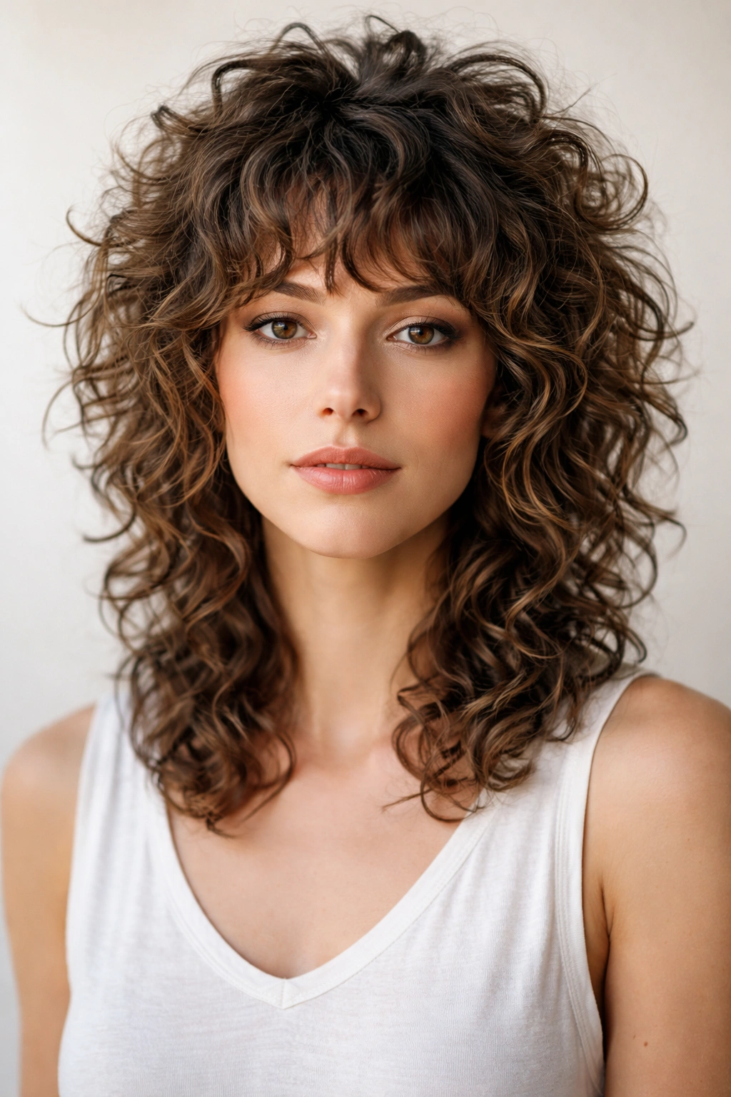 15 Short Textured Cuts That Give You Built In Volume 5 Front view of curly wolf cut showing defined curls and layered volume.