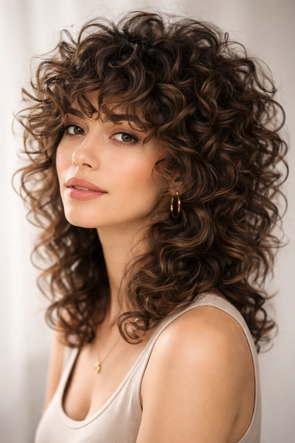 Close-up head-and-shoulders showing curly wolf cut with natural definition.