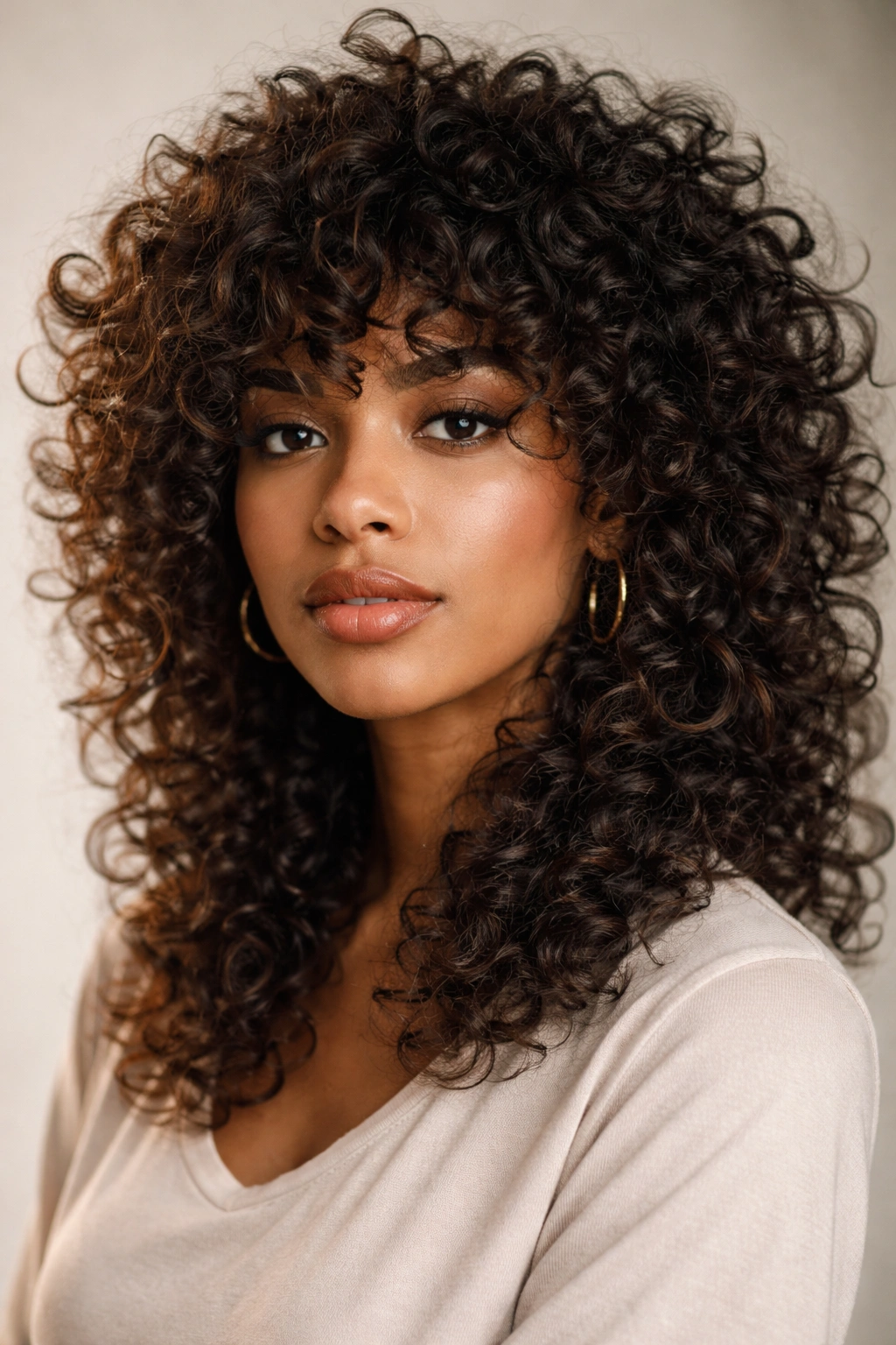 Close-up of a person with curly Wolf Cut showing layered textured curls.