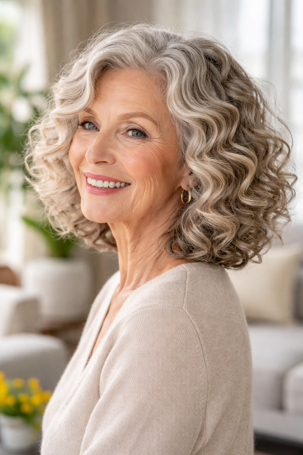 Shoulder-grazing curly lob with internal layers on a mature woman