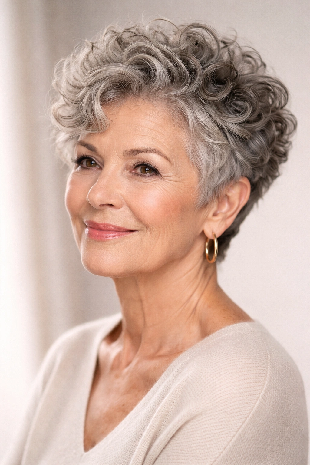 Short curly pixie cut on a mature woman with defined curls