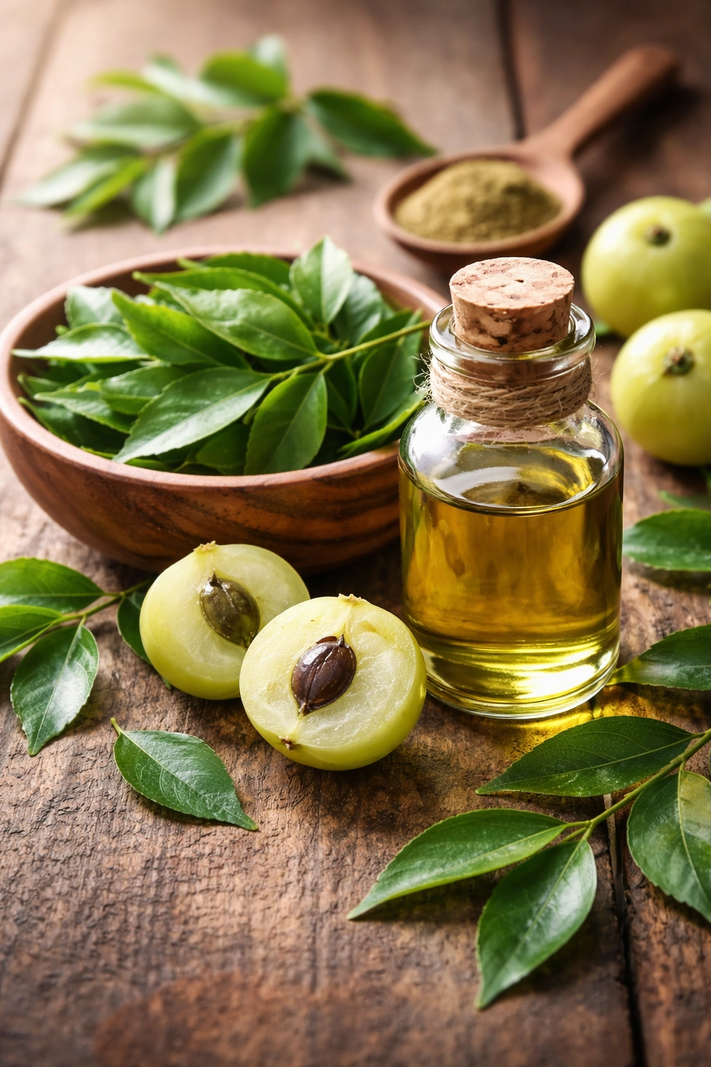 Curry leaves and amla oil on a wooden surface as natural hair remedies