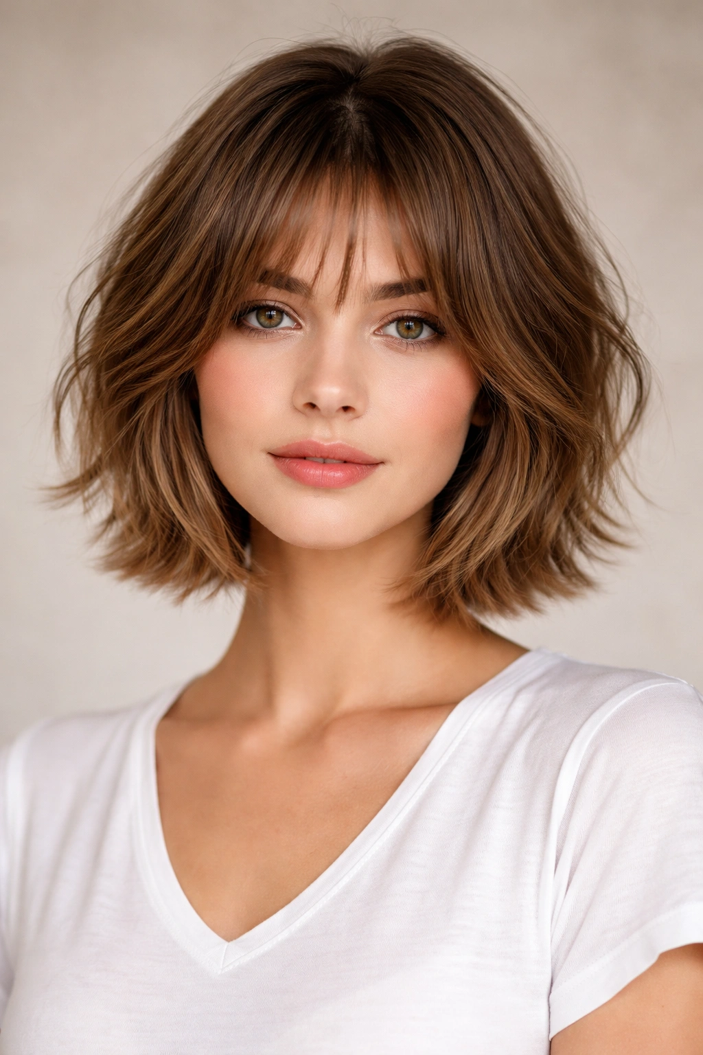 Curtain-bang textured bob with wispy bangs and texture