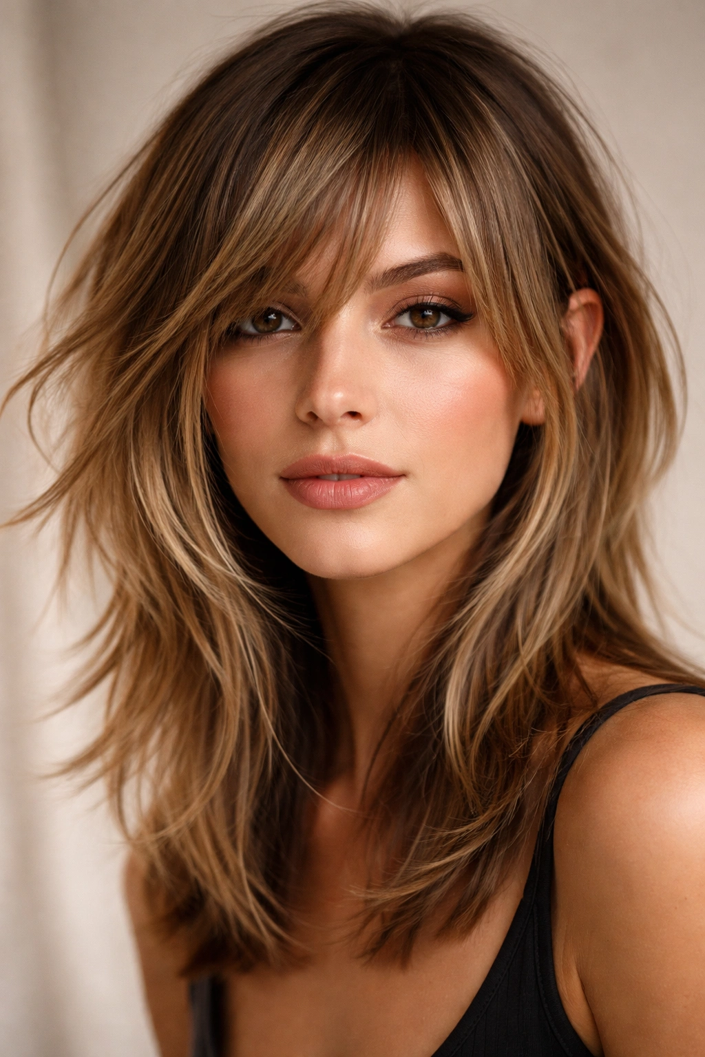 12 Asymmetrical Haircuts With A Modern Edge 8 Portrait showing curtain bangs and textured, choppy layers framing the face asymmetrically