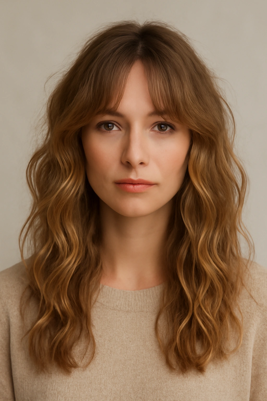 Curtain bangs with beachy waves hairstyle on a model.
