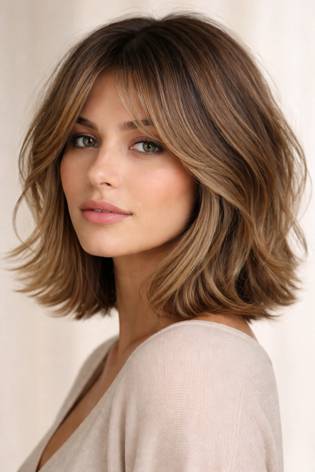 Bob with curtain bangs forming a soft frame around the face.