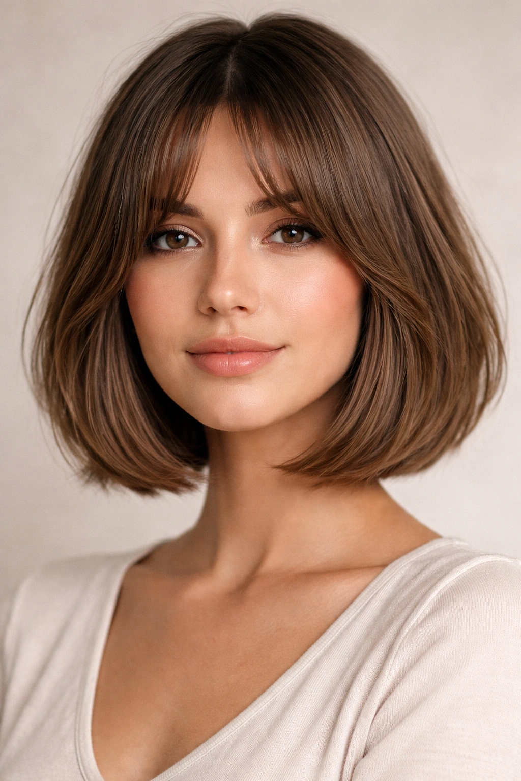 22 Bob Haircuts Flattering On Every Face Shape 4 Portrait of a model with curtain bangs bob, face-framing long front pieces.