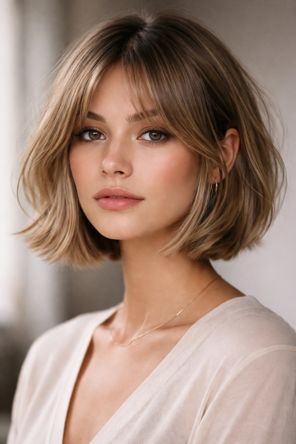 15 Chin Length Haircuts That Slim And Sculpt 6 Curtain bang bob with center-part and textured underside for depth