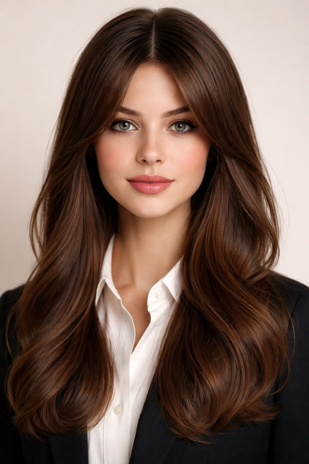Close-up of curtain bangs with center-parted hair in a polished studio portrait