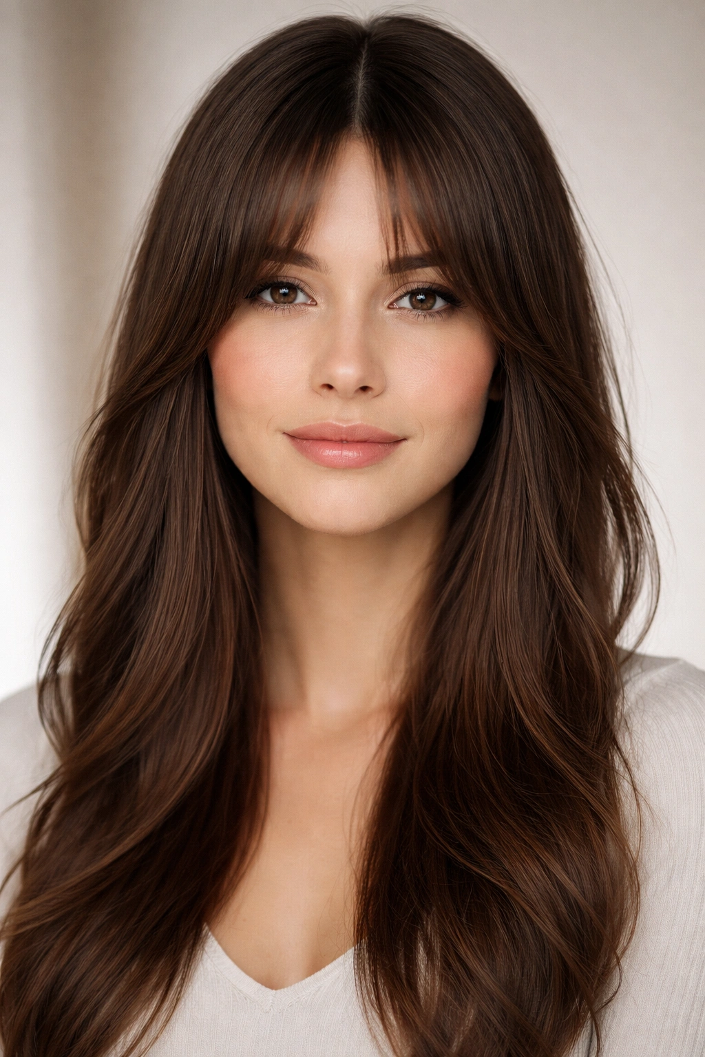 Portrait showing straight curtain bangs and center part framing an oval face