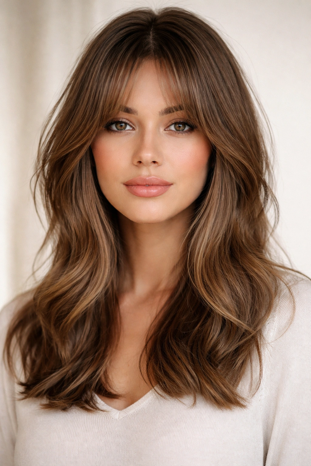 18 Bangs To Try With Medium Length Hair 3 Portrait of curtain bangs with a center part and sweeping sides