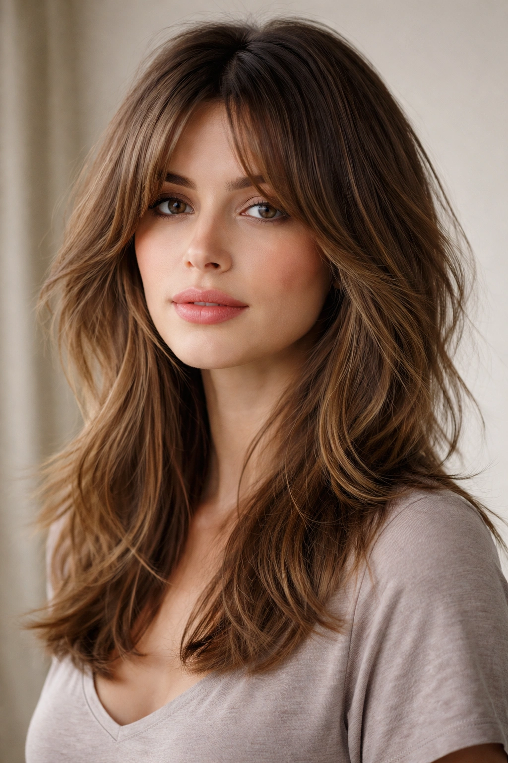 20 Medium Hairstyles With Bangs For Any Face 3 Hair with curtain bangs parted center and choppy mid-length layers.