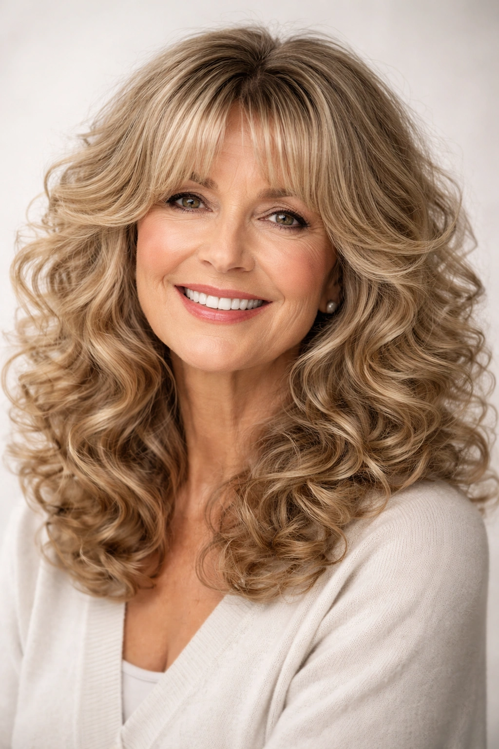 Older woman with curtain bangs and voluminous curls; close-up portrait highlighting curl texture