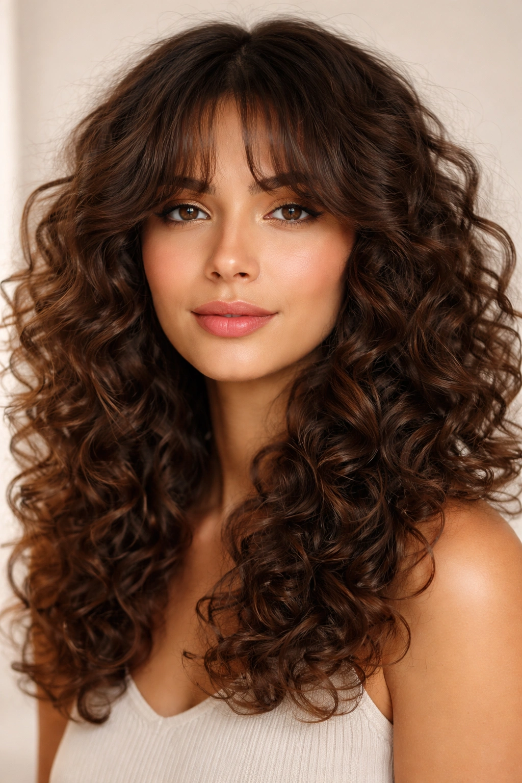 Curtain bangs blending with curly hair framing the face