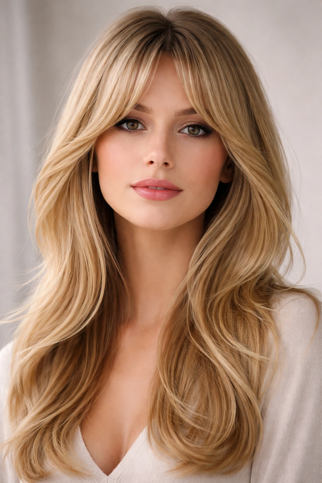 Soft curtain bangs framing the face with long face-framing layers.