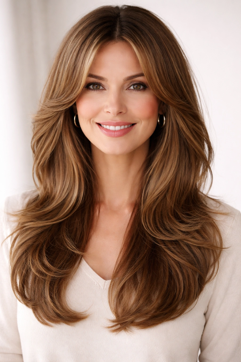 Close-up of face-framing layers with curtain bangs framing the face