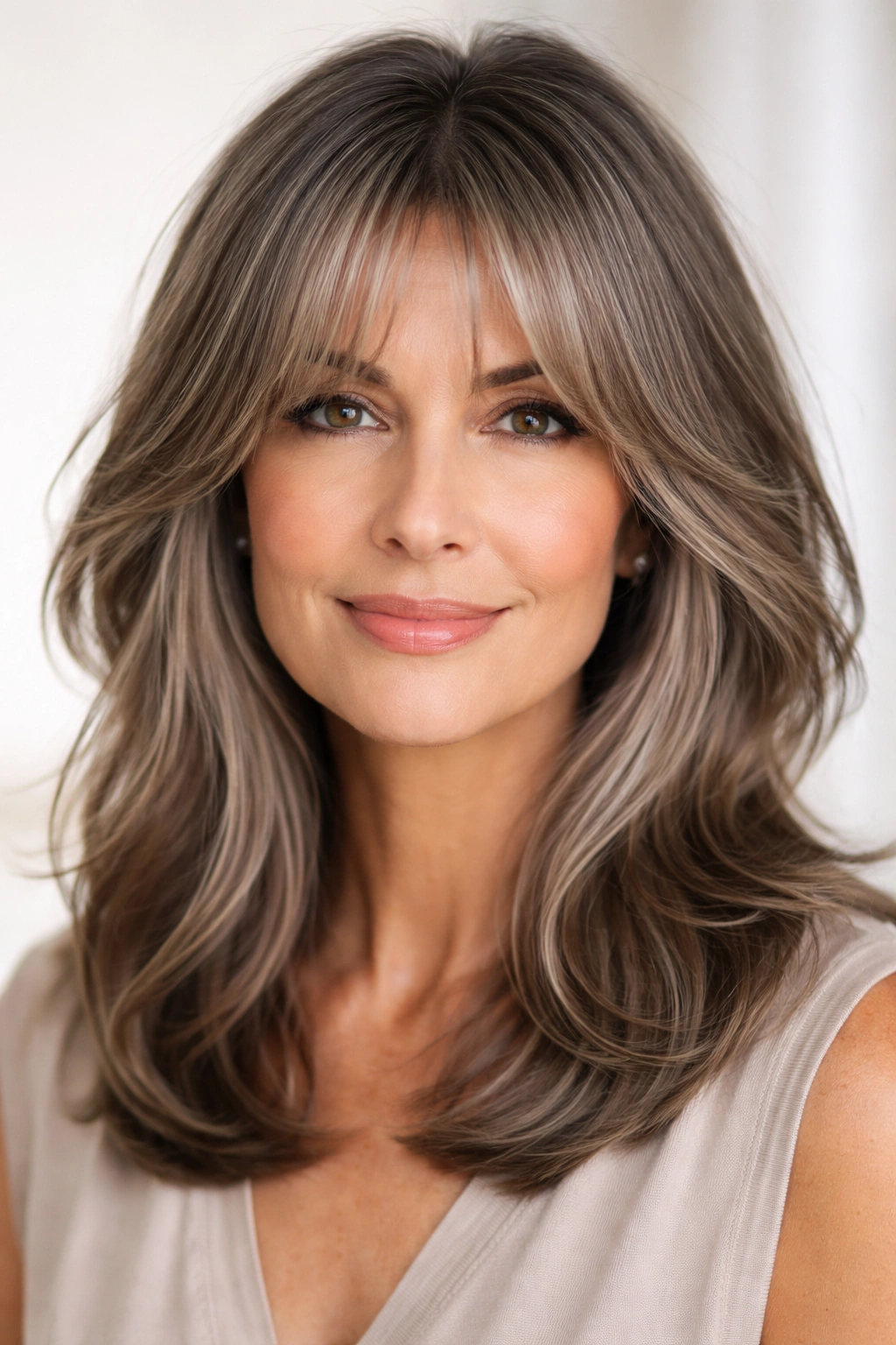 Face framed by curtain bangs with a middle part.
