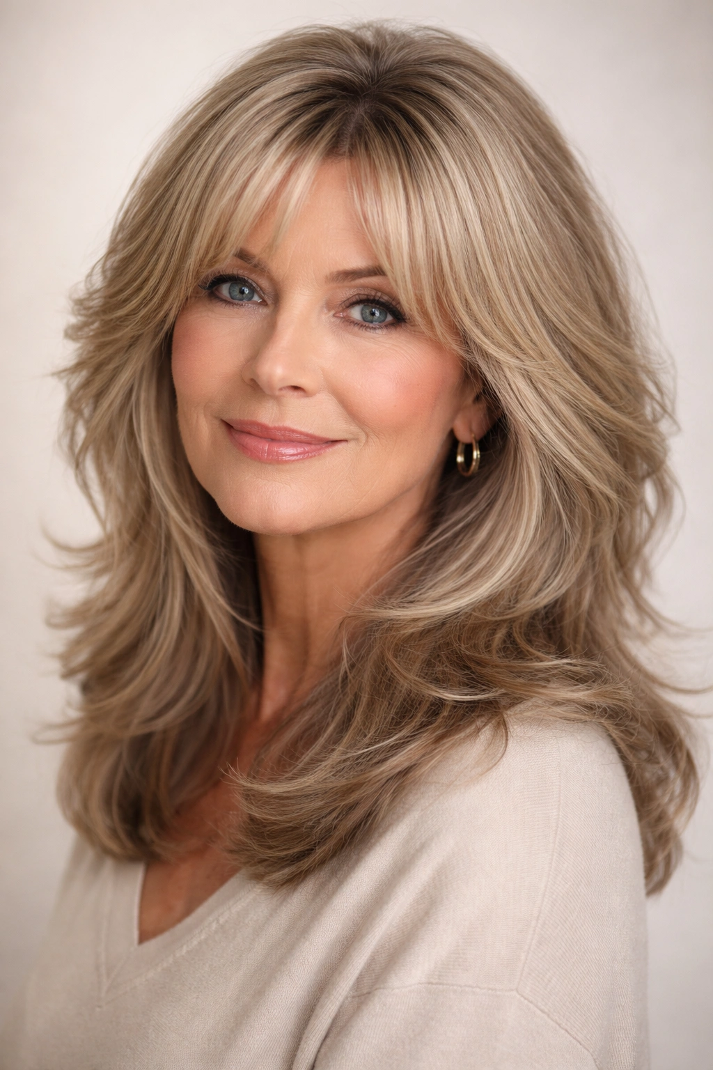 Mature woman with curtain bangs and feathered layers