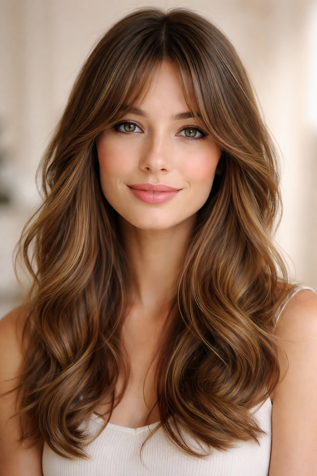 Person with grown-out bangs styled as curtain bangs in a finished look