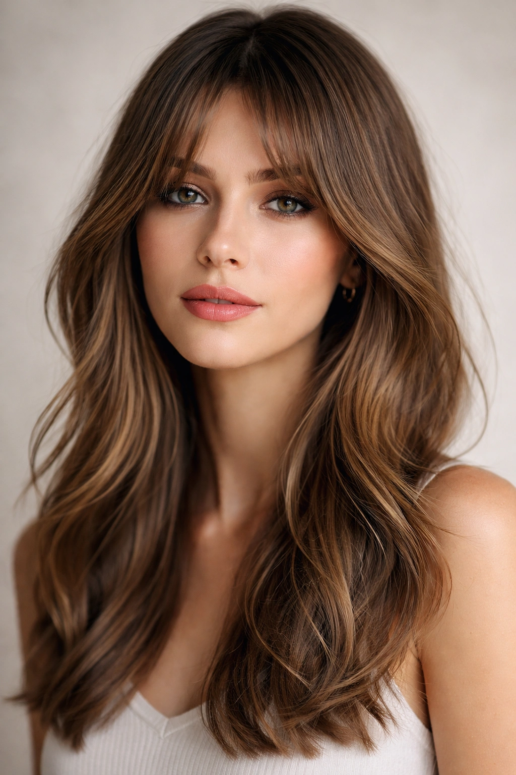 Face framed by soft curtain bangs and flowing hair