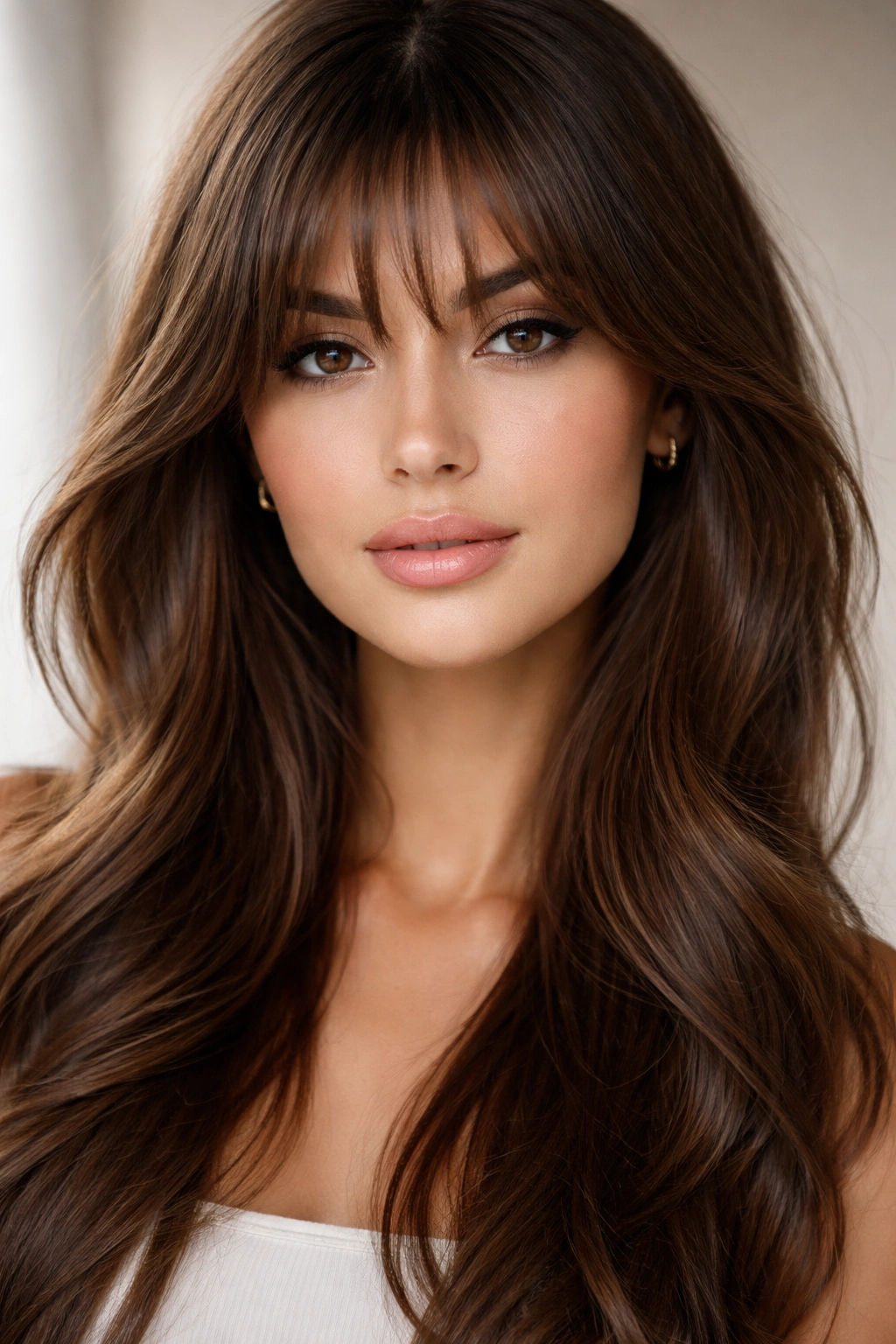 Close-up of model with soft curtain bangs framing the face.
