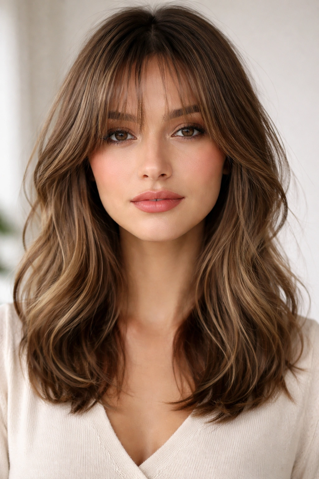 Frontal shot of curtain bangs framing the face with soft texture.