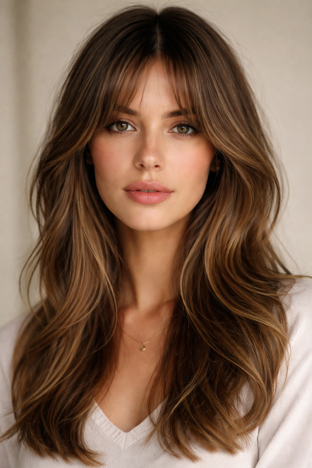 French curtain bangs with middle part and feathered ends framing the face