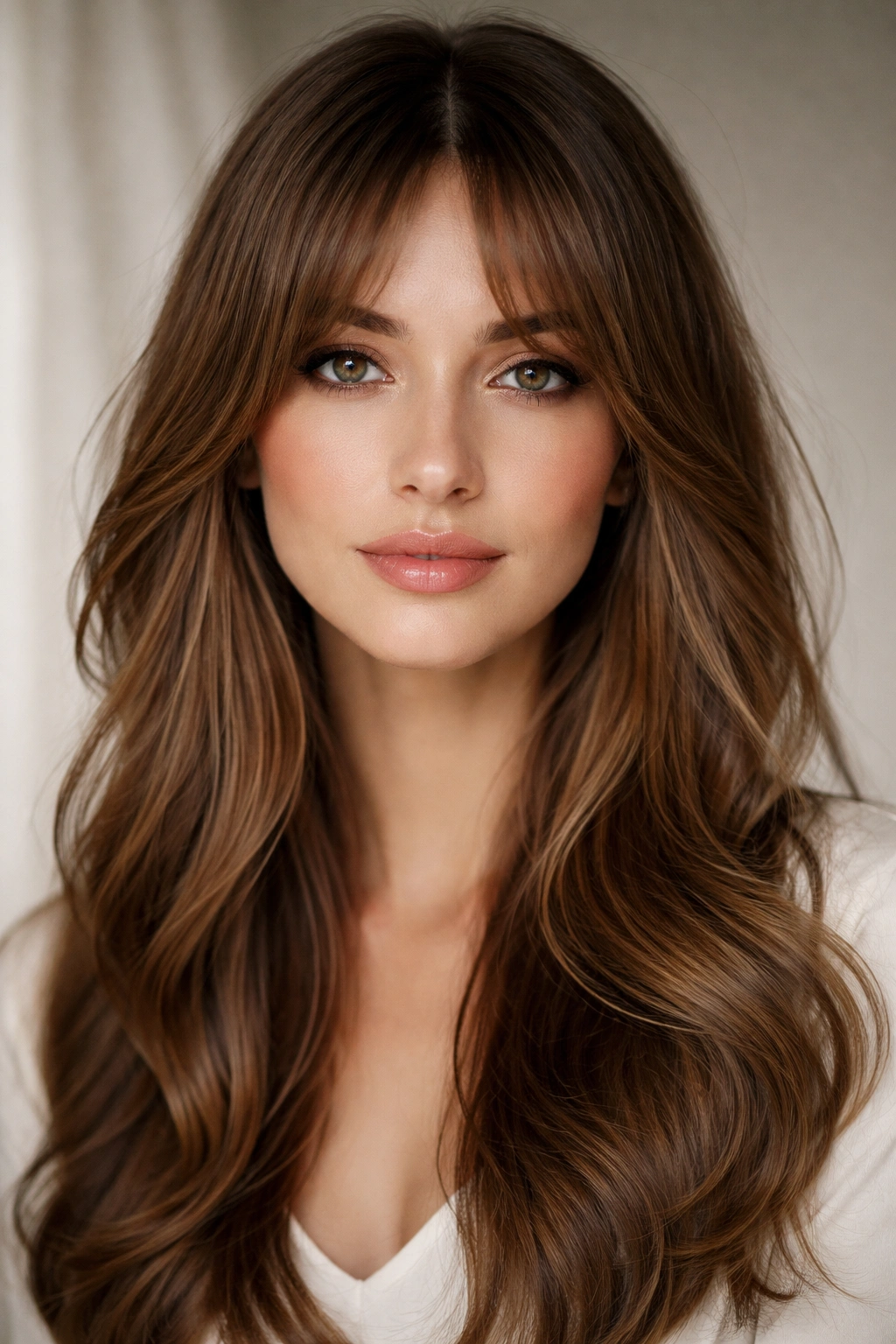 15 Flattering Hairstyles For Long Oval Faces 5 Curtain bangs framing the face with middle part and soft side layers
