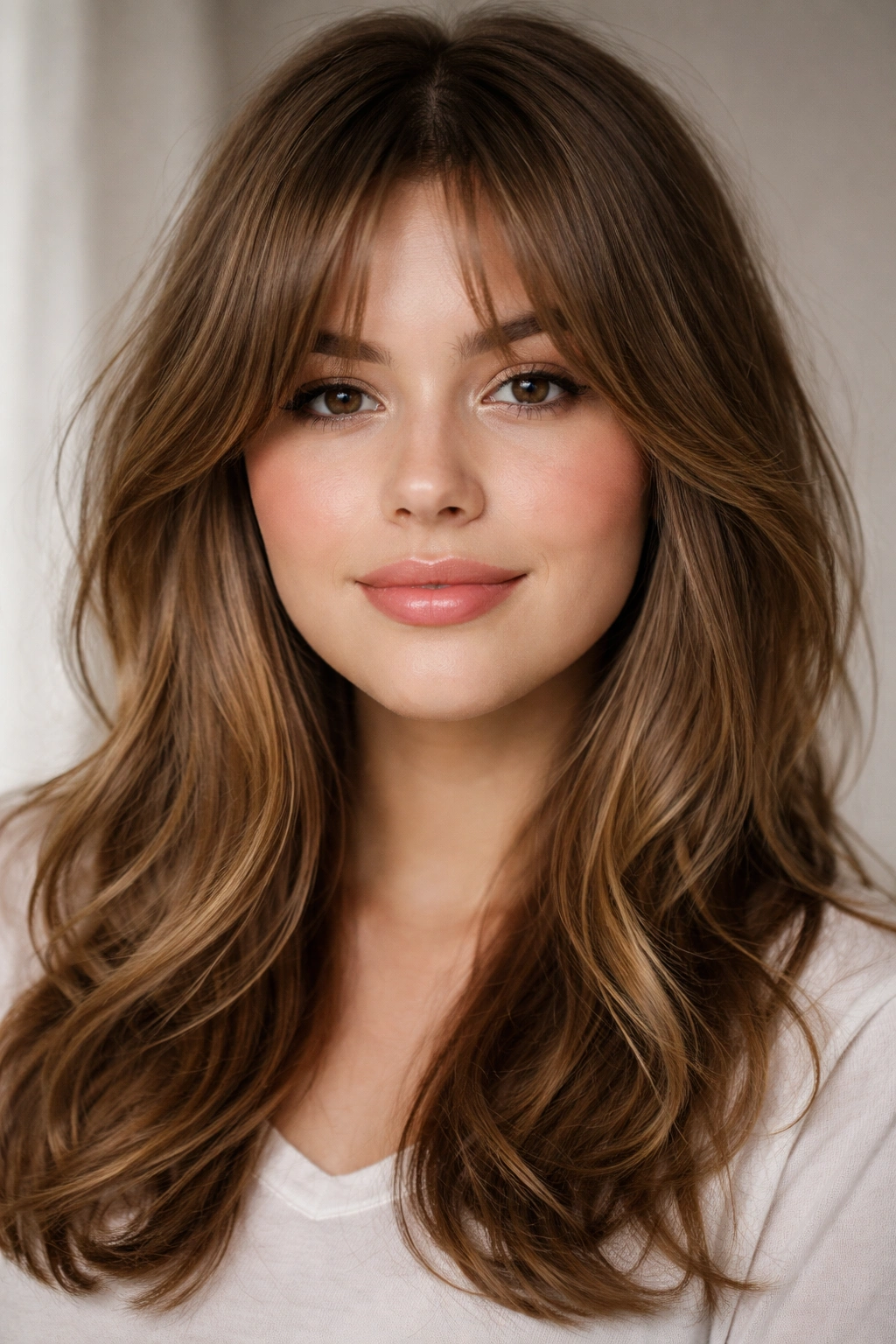 12 Hairstyles Perfectly Suited To A Round Face 2 Textured curtain bangs with center part framing the face