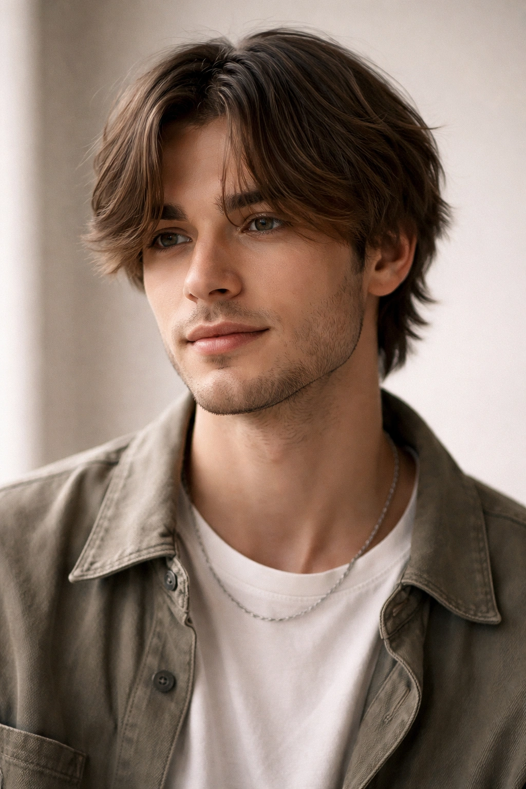 Medium-length curtain bangs hairstyle with middle part and waved texture