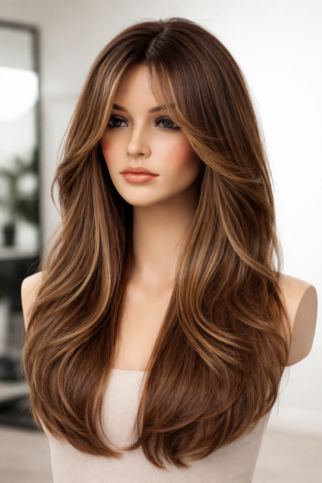 Mannequin head with long curtain bangs and shoulder-length hair