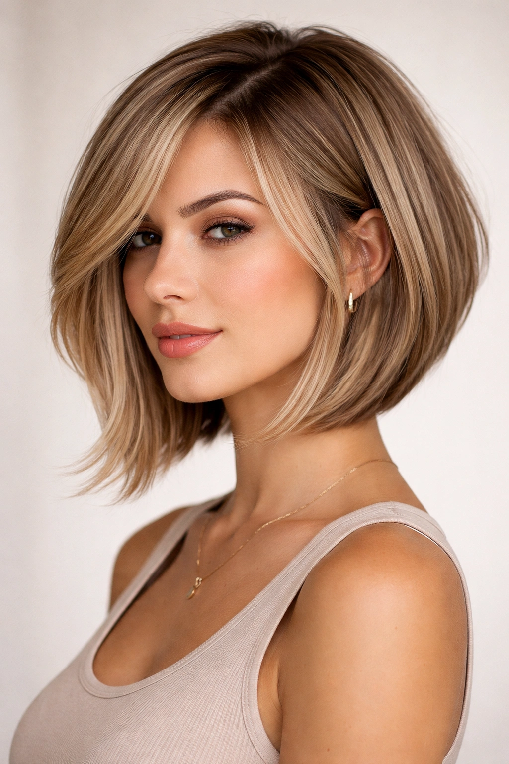Face-framing curtain bangs inverted bob with long side-swept bangs