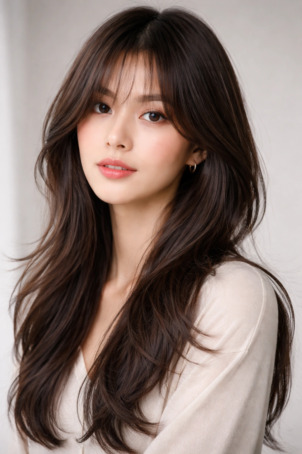 Hair with curtain bangs and layered body framing the face.