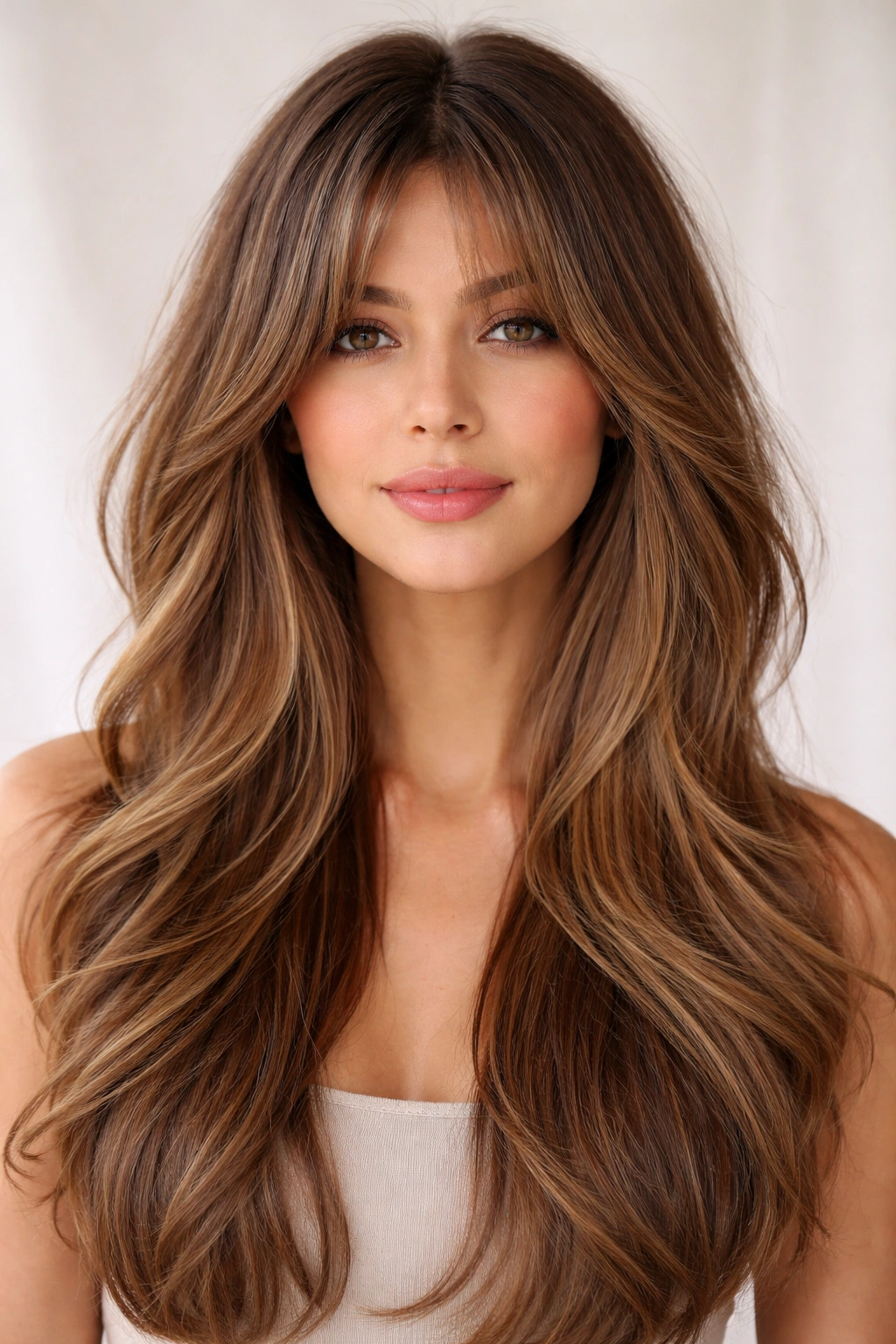 Curtain bangs with long layers hairstyle showing soft face-framing movement