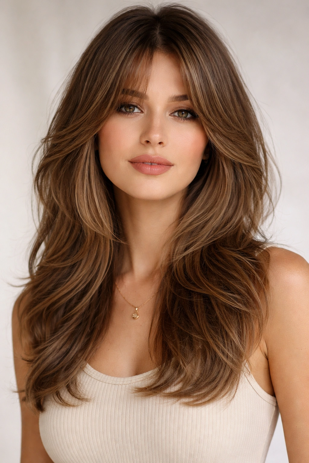 Curtain bangs with layered body on medium-length hair