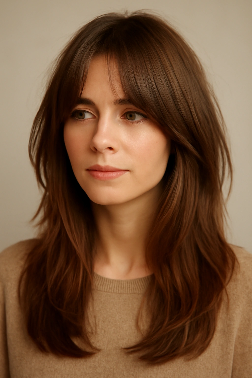 Close-up of curtain bangs with layered hair framing the face